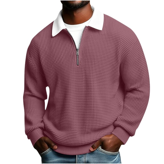 FNFYFH Men's Waffle Knit Shirt Long Sleeve Casual Quarter Zip Golf Shirts Color Block Collared Pullover Tops