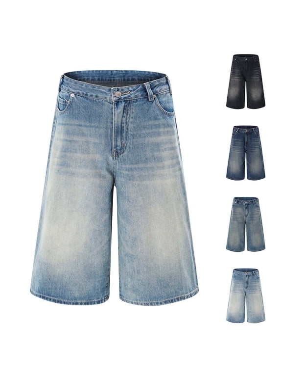 Mens Baggy Jean Shorts Loose Fit Vintage Wide Leg Jorts Y2K Streetwear Hip Hop Casual Denim Shorts