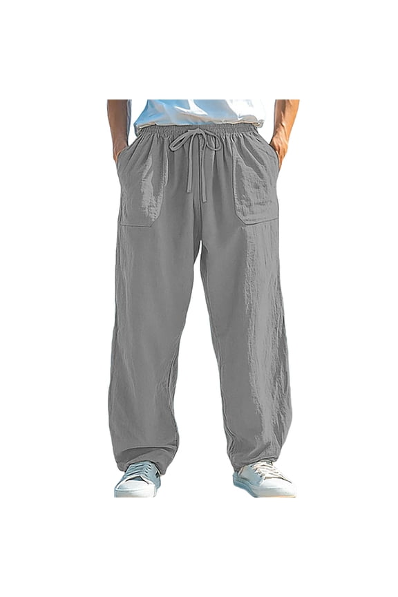 Mens Big and Tall Linen Pants Elastic Waist Drawstring Loose Fit Casual Summer Beach Pants with Pockets Baggy Trousers