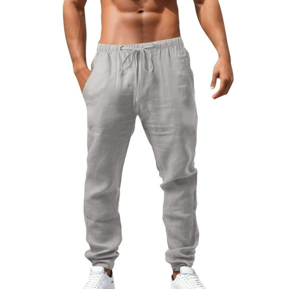 FNFYFH Mens Big and Tall Linen Pants Lightweight Drawstring Straight Leg Pants Casual Loose Travel Lounge Pants