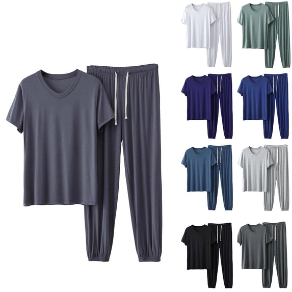 FNFYFH Mens Big and Tall Pajamas Sets 2 Piece Short Sleeve Lounge Set Loose Pants Pj Sets Soft Sleepwear Loungewear
