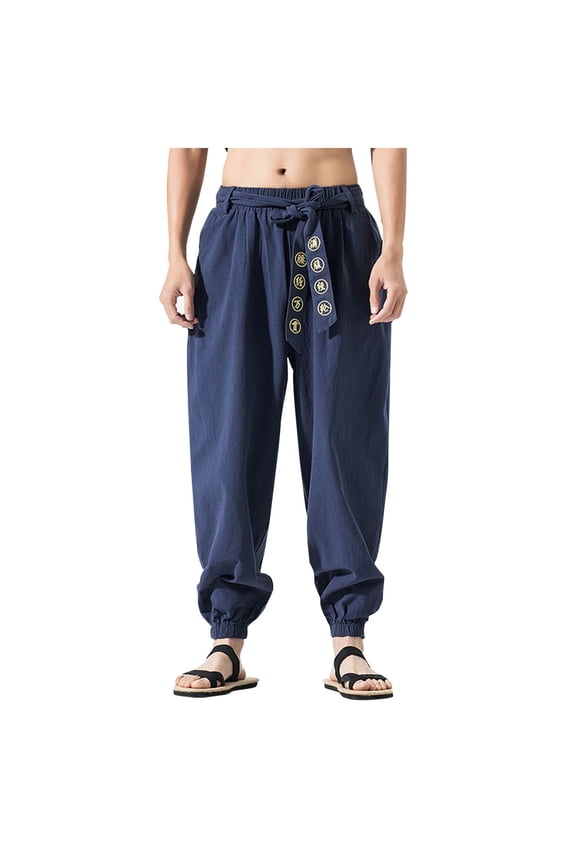 Mens Casual Cotton Linen Pants Big and Tall Kung Fu Martial Arts Pants Tai Chi Baggy Harem Trousers