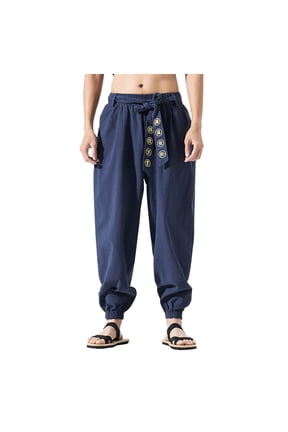 Mens Casual Cotton Linen Pants Big and Tall Kung Fu Martial Arts Pants Tai Chi Baggy Harem Trousers