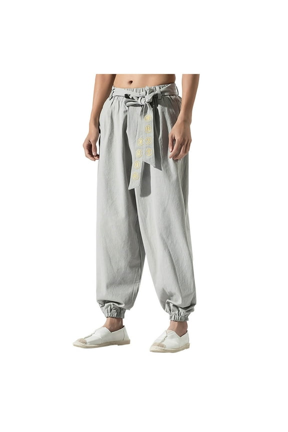 Mens Casual Cotton Linen Pants Big and Tall Kung Fu Martial Arts Pants Tai Chi Baggy Harem Trousers