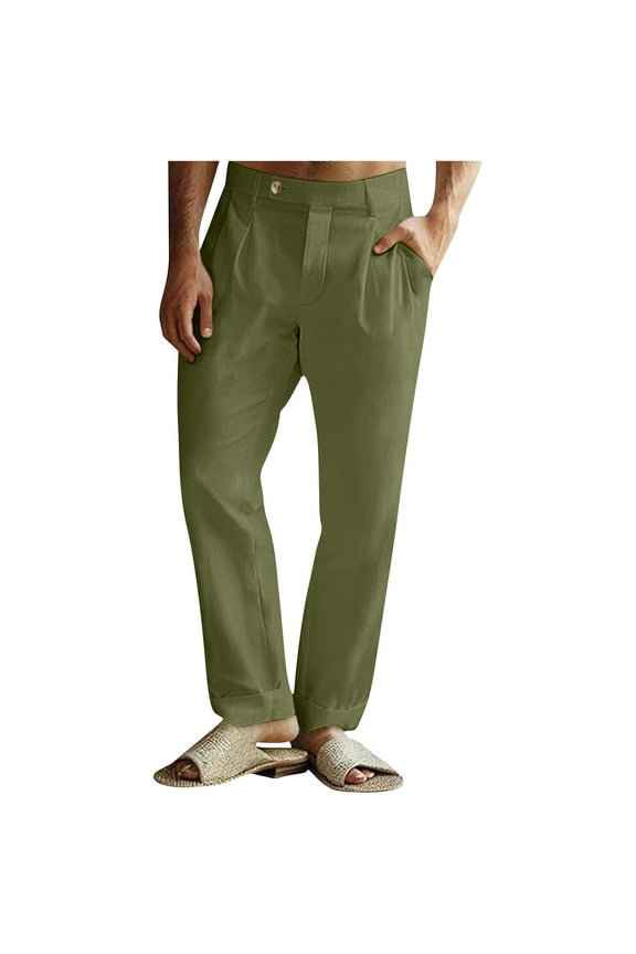 Mens Casual Linen Pants Button Down Lightweight Loose Fit Pleated Slacks Summer Beach Yoga Trousers with Pockets