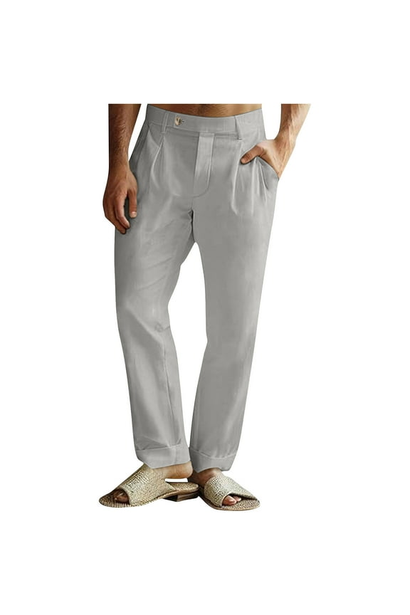 Mens Casual Linen Pants Button Down Lightweight Loose Fit Pleated Slacks Summer Beach Yoga Trousers with Pockets