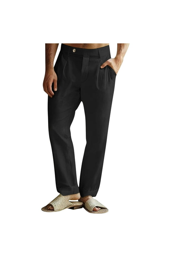 Mens Casual Linen Pants Button Down Lightweight Loose Fit Pleated Slacks Summer Beach Yoga Trousers with Pockets