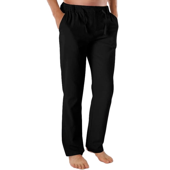 FNFYFH Mens Casual Linen Pants Loose Fit Elastic Drawstring Waist Straight legs Summer Beach Long Pants