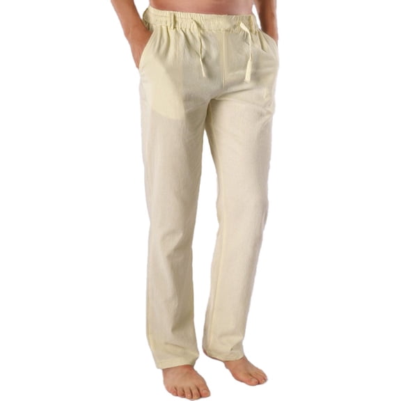 FNFYFH Mens Casual Linen Pants Loose Fit Elastic Drawstring Waist Straight legs Summer Beach Long Pants