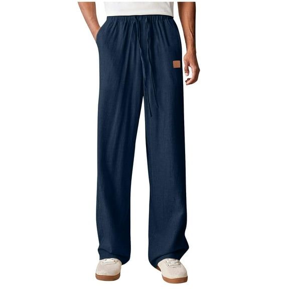 FNFYFH Mens Cotton Linen Pants Lightweight Wide Leg Sweatpants Drawstring Summer Beach Pants with Pockets