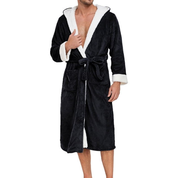 FNFYFH Mens Fuzzy Robe Mid Length Hooded Robes Soft Plush Spa Bathrobe Cozy Housecoat Loungwear with Pockets