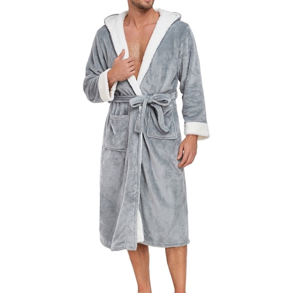 FNFYFH Mens Fuzzy Robe Mid Length Hooded Robes Soft Plush Spa Bathrobe Cozy Housecoat Loungwear with Pockets