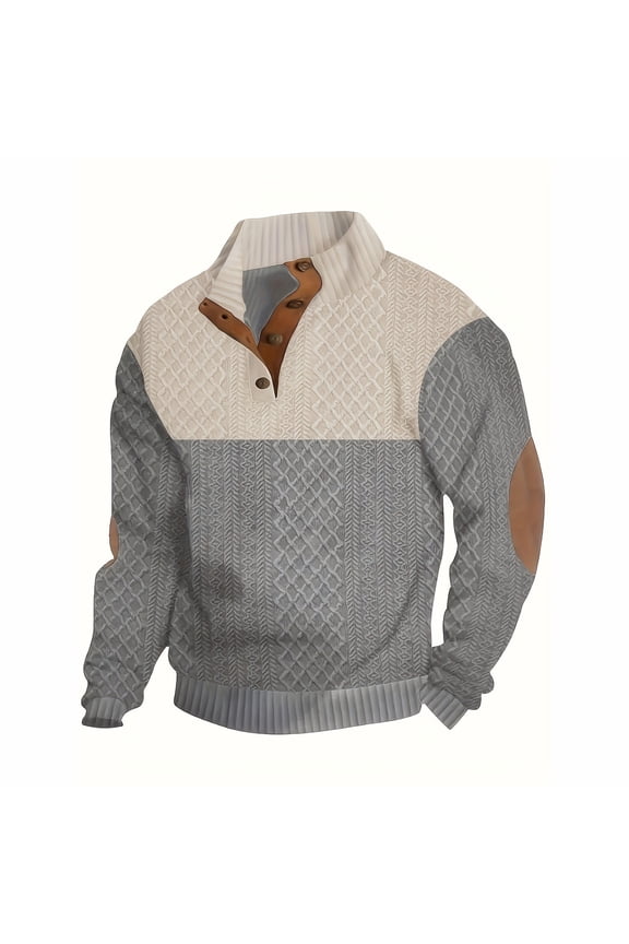 Mens Helly Shirt Color Block Jacquard Pullover Long Sleeve Button Down Sweatshirt Stand Collar Sweatshirts