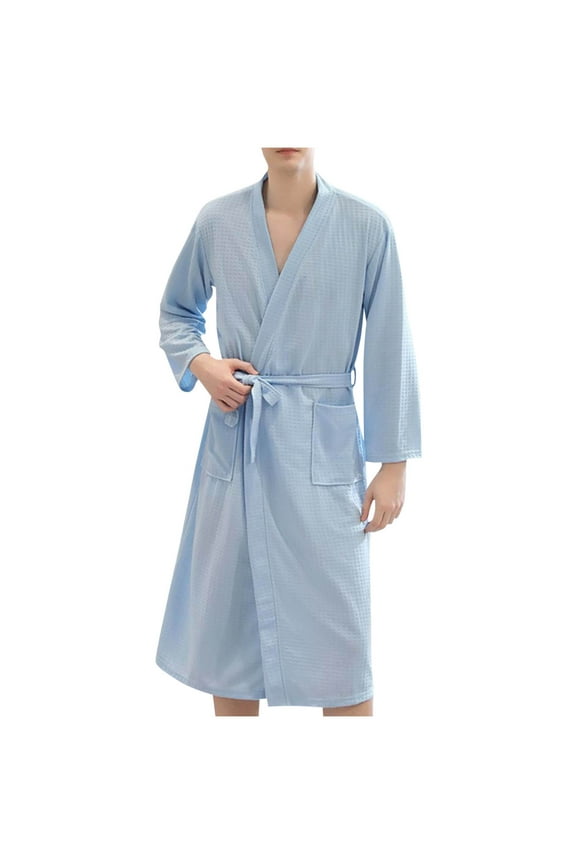 Mens Lightweight Waffle Robe Quick Dry Spa Bath Robes Soft Long Kimono Robe Cozy Sleepwear with Pockets
