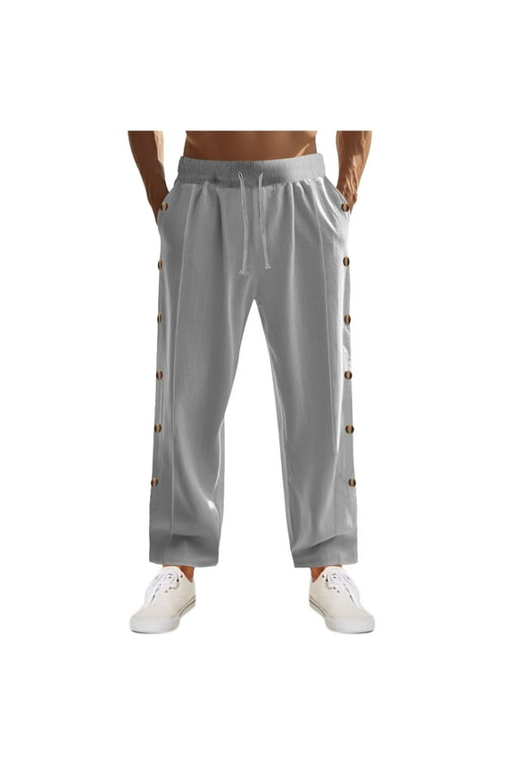 Mens Linen Pants Casual Straight Leg Elastic Waist Pants Stripe Print Beach Summer Pants Drawstring Yoga Pants with Pockets