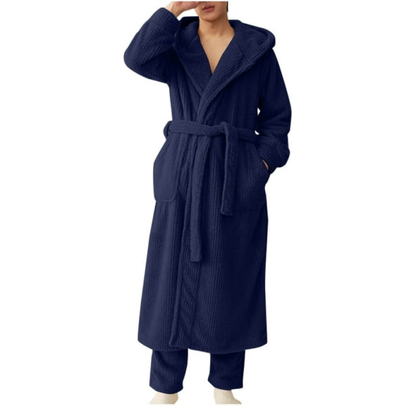 FNFYFH Mens Long Robe Plush Soft Hooded Robes Super Absorbent Spa Bathrobe Cozy Fluffy Belted Housecoat with Pockets