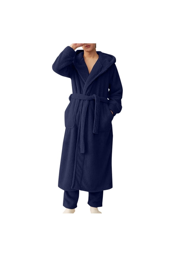Mens Long Robe Plush Soft Hooded Robes Super Absorbent Spa Bathrobe Cozy Fluffy Belted Housecoat with Pockets