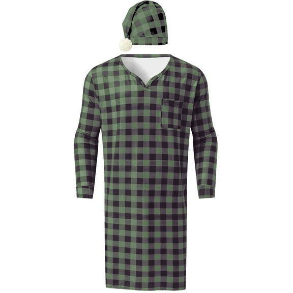 FNFYFH Mens Nightgown and Hat Set V Neck Classic Plaid Sleep Shirt Long Nightshirt Pajamas with Pockets
