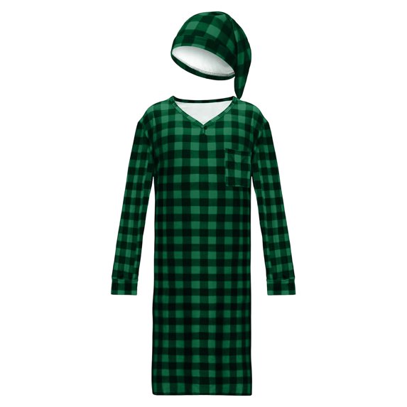 FNFYFH Mens Nightgown and Hat Set V Neck Classic Plaid Sleep Shirt Long Nightshirt Pajamas with Pockets