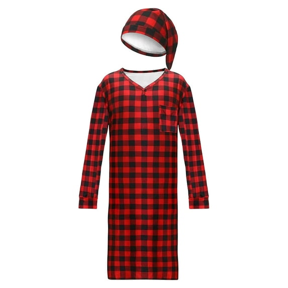 FNFYFH Mens Nightgown and Hat Set V Neck Classic Plaid Sleep Shirt Long Nightshirt Pajamas with Pockets