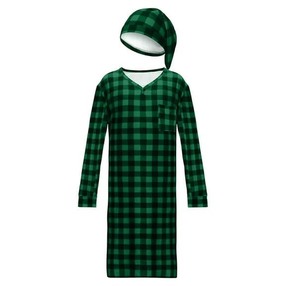 FNFYFH Mens Nightgown and Hat Set V Neck Classic Plaid Sleep Shirt Long Nightshirt Pajamas with Pockets