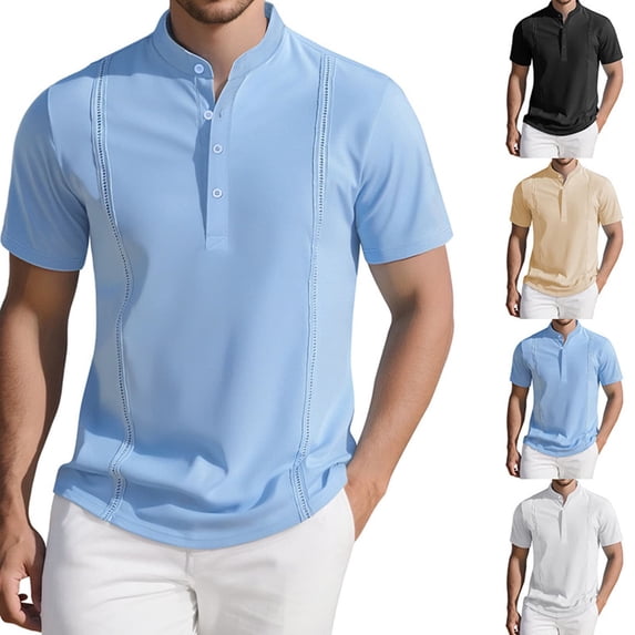 FNFYFH Mens Short Sleeve Dress Shirt Casual Henley Tee Shirts Band Collar Business Casual Shirt Summer Beach T-Shirt
