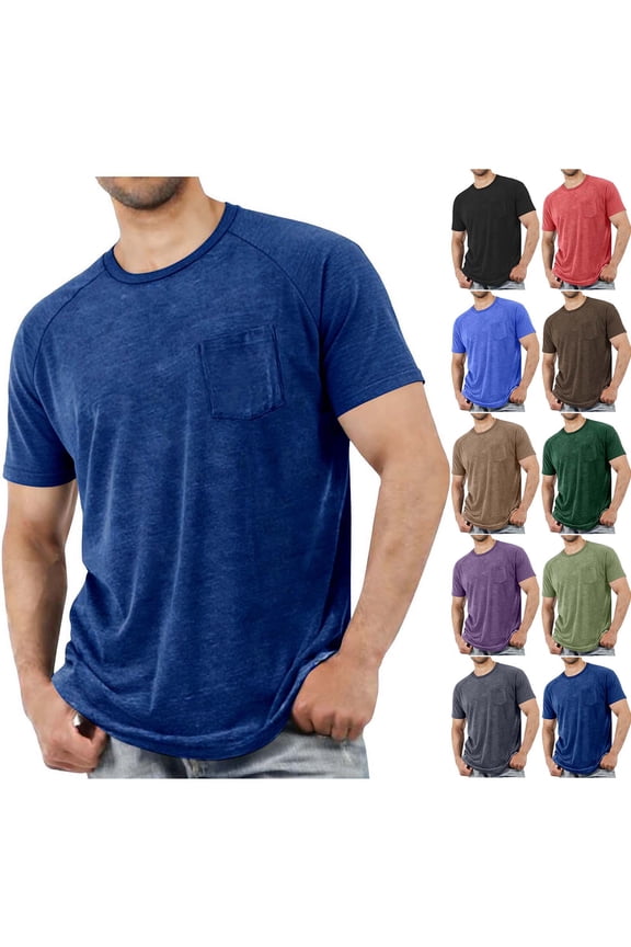 Mens Soft Crewneck T-Shirt Big and Tall Workout Shirts Solid Regular Fit Basic Tees with Chest Pocket