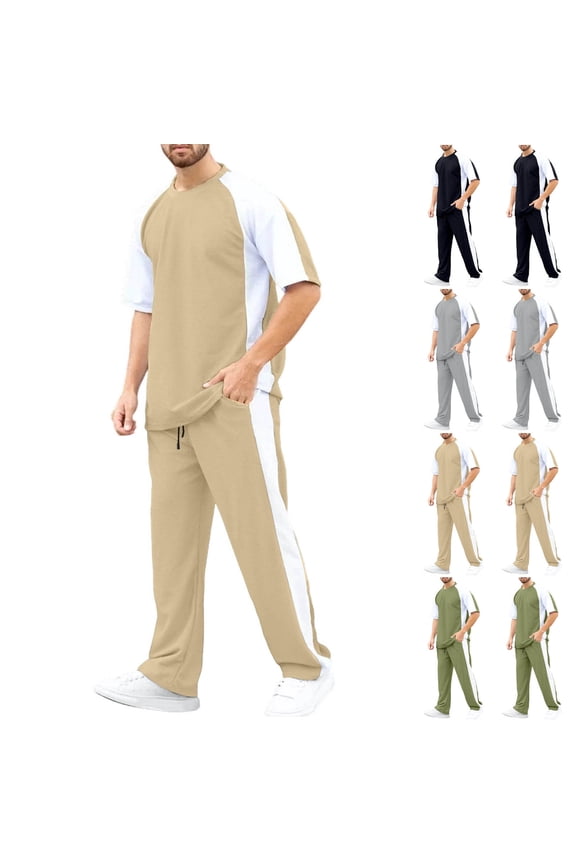 Mens Summer 2 Piece Set Casual Outfits Short Sleeve Shirt and Loose Pants Color Block Waffle Knit Tracksuit Walking Suits