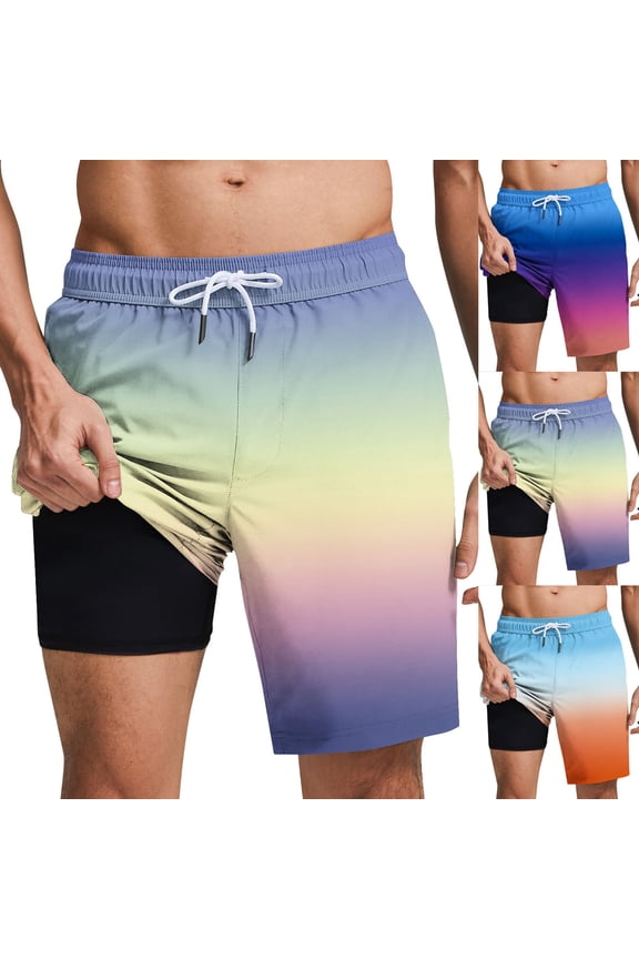 Mens Swim Trunks with Liner 2 in 1 Quick Dry Bathing Suit Beach Shorts Lightweigh Gradient Lining Swim Shorts