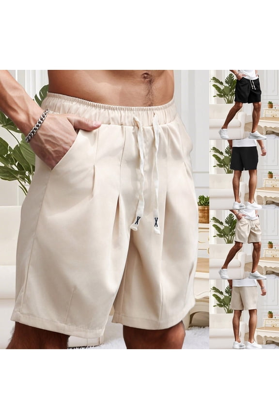 Mens Twill Shorts Pleated Front Chino Shorts Drawstring Elastic Waist Summer Beach Shorts with Pockets