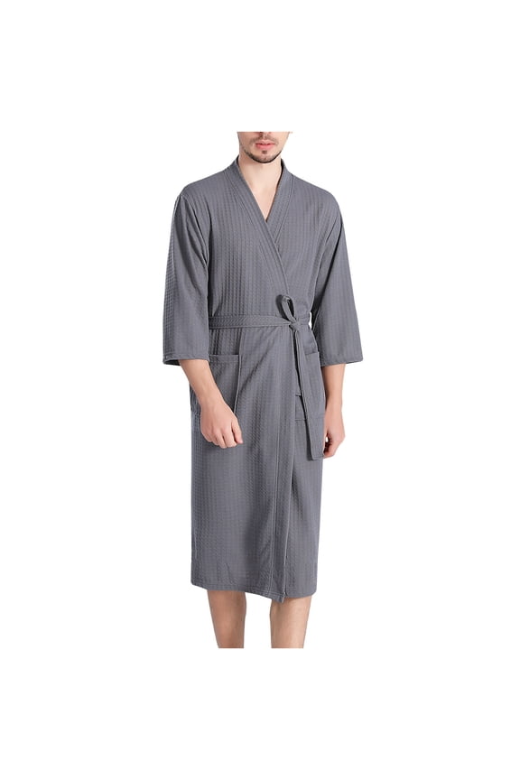 Mens Waffle Robe Lightweight 3/4 Sleeve Kimono Robes Super Absorbent Spa & Bathrobe Ultra Soft Nightgowns