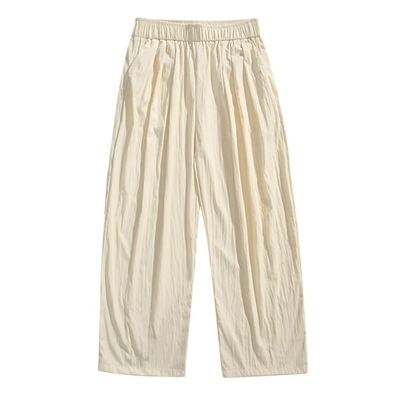 FNFYFH Mens Wide Leg Cotton Pants Lightweight Elastic Waist Pants Baggy Summer Beach Yoga Trousers with Pockets