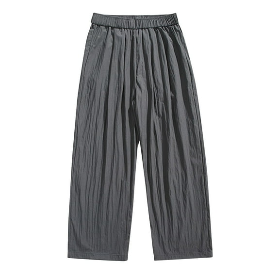 FNFYFH Mens Wide Leg Cotton Pants Lightweight Elastic Waist Pants Baggy Summer Beach Yoga Trousers with Pockets