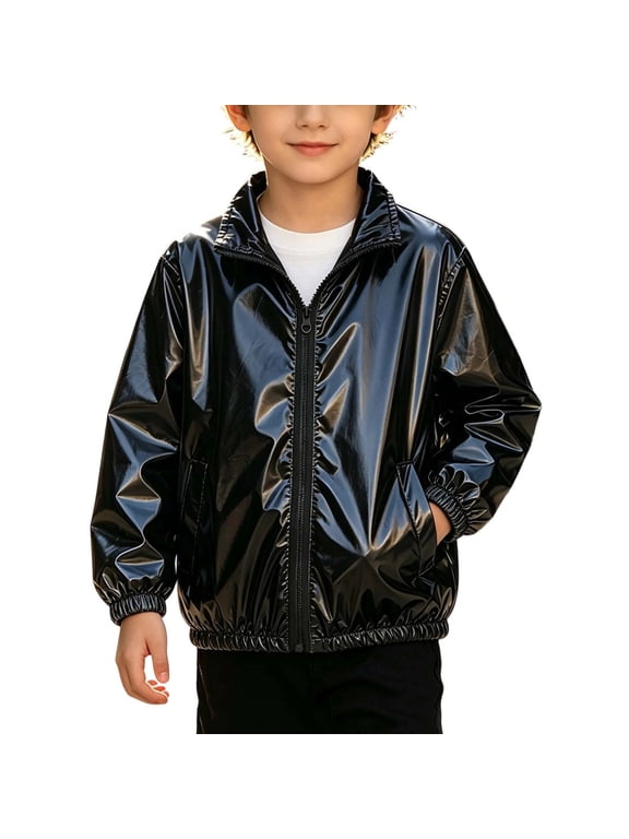 Metallic Lightweight Zip Up Jacket for Boys 4-13 Lapel Collar Sparkly Coat with Pockets Great for Festival,Talent Show,Party
