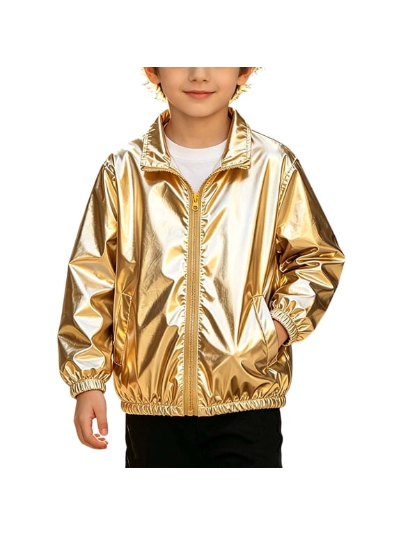 Metallic Lightweight Zip Up Jacket for Boys 4-13 Lapel Collar Sparkly Coat with Pockets Great for Festival,Talent Show,Party