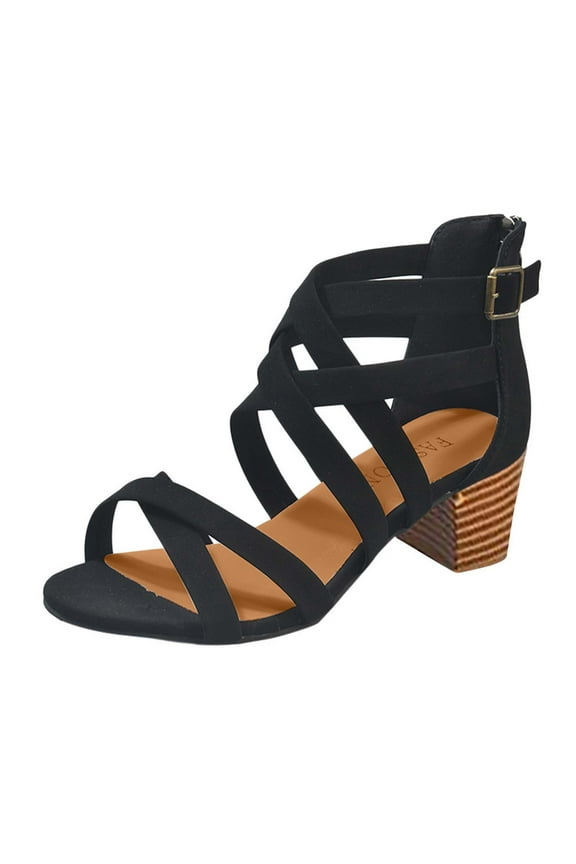 Mid Chunky Heel Sandals for Women Cross Strap Ankle Strap Buckle Open Toe Hollow Out Stacked Heeled Dress Sandals Casual Summer Ladies Wedding Party Pumps Dress Shoes