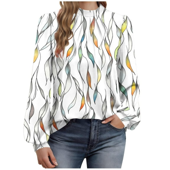 FNFYFH Mock Neck Puff Sleeve Shirt Turtleneck Loose Lantern Long Sleeve Tops Dressy Floral Print Office Blouses