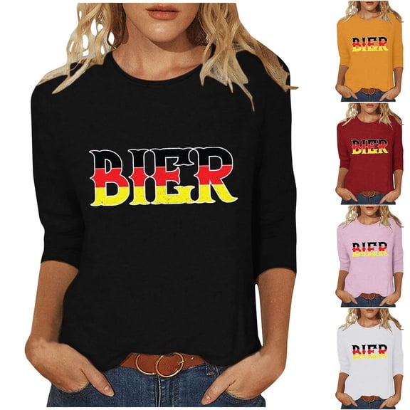 FNFYFH Oktoberfest Shirts for Womens 3/4 Length Sleeves Tops Crewneck Plus Size Loose Comfy T-Shirts Beer Festival Blouse