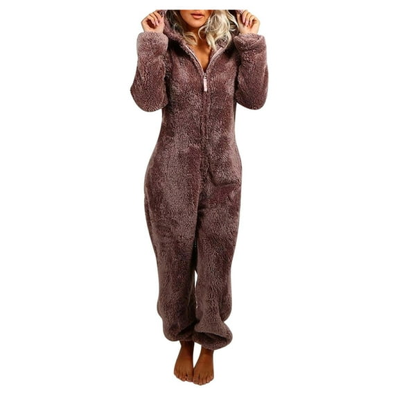 FNFYFH Pajama Onesie for Women Winter Warm Zipper Pajamas Set Cute Teddy Bear Fleece Jumpsuit Fuzzy Furry Sleepwear Sets with Hood Plus Size S-5XL