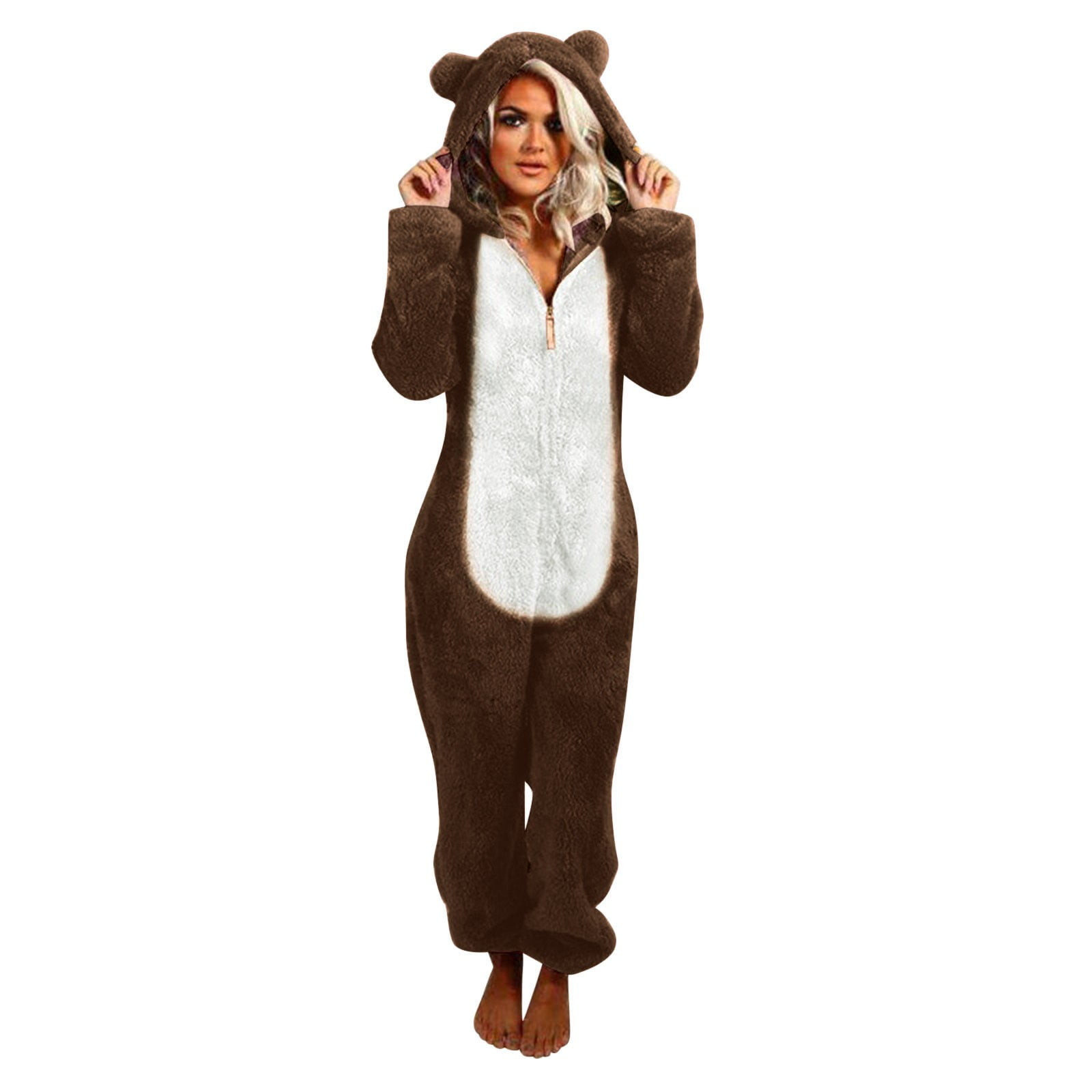 FNFYFH Pajama Onesie for Women Winter Warm Zipper Pajamas Set Cute Teddy Bear Fleece Jumpsuit Fuzzy Furry Sleepwear Sets with Hood Plus Size S-5XL
