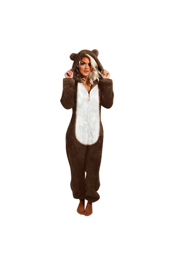 Pajama Onesie for Women Winter Warm Zipper Pajamas Set Cute Teddy Bear Fleece Jumpsuit Fuzzy Furry Sleepwear Sets with Hood Plus Size S-5XL