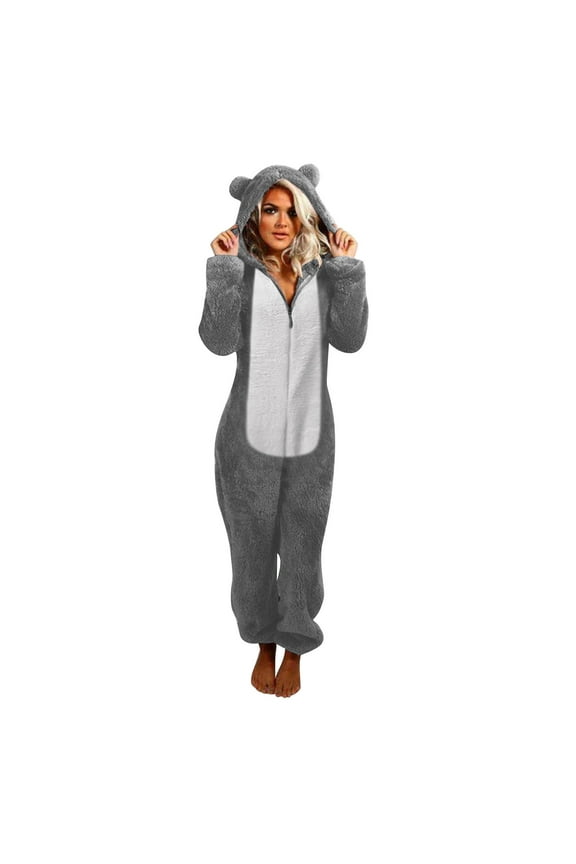 Pajama Onesie for Women Winter Warm Zipper Pajamas Set Cute Teddy Bear Fleece Jumpsuit Fuzzy Furry Sleepwear Sets with Hood Plus Size S-5XL