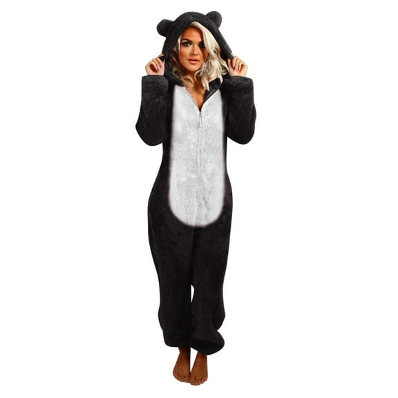 FNFYFH Pajama Onesie for Women Winter Warm Zipper Pajamas Set Cute Teddy Bear Fleece Jumpsuit Fuzzy Furry Sleepwear Sets with Hood Plus Size S-5XL