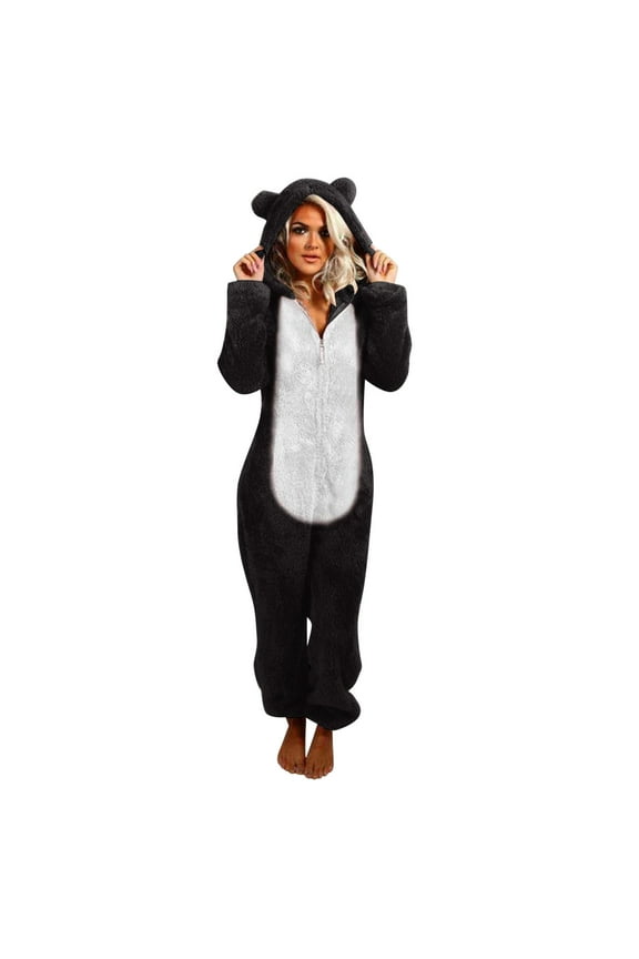 Pajama Onesie for Women Winter Warm Zipper Pajamas Set Cute Teddy Bear Fleece Jumpsuit Fuzzy Furry Sleepwear Sets with Hood Plus Size S-5XL