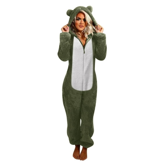 FNFYFH Pajama Onesie for Women Winter Warm Zipper Pajamas Set Cute Teddy Bear Fleece Jumpsuit Fuzzy Furry Sleepwear Sets with Hood Plus Size S-5XL
