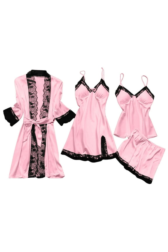 Pajama Sets for Women Shorts 4 Pieces Lace Nightgown Sets Womens Sexy Tank Top with Shorts Sleepwear Suits with Blend Beige XXL Sales