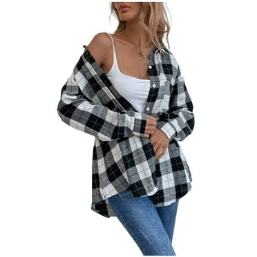FNFYFH Plaid Shackets for Women Causal Button Long Sleeve Coats Loose Fit Lapel Outerwear with Pockets 2025 Fall Trendy Shirts Jackets Black S-XXL Clearance Deals Today