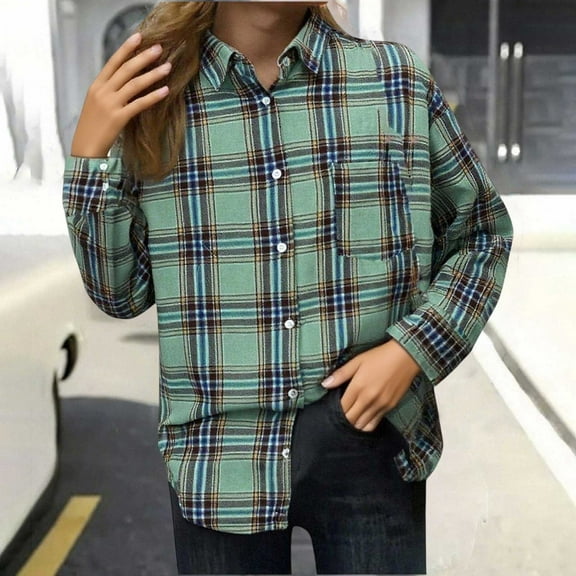 FNFYFH Plaid Shirts for Women Loose Fit Button Down Shirts Long Sleeve Lightweight Plaid Flannel Blouses Top