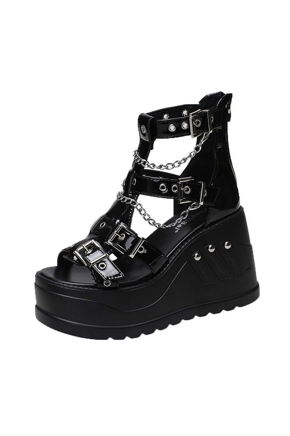 Platform Sandals for Women Chunky Heel Metal Rings Stunning Gladiator Open Toe Ankle Strap Black Punk Goth Party Sandals