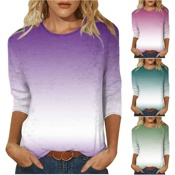 FNFYFH Plus Size 3/4 Sleeve Tops for Women Gradient Color Shirts Summer Crewneck Tunic Blouse,Purple